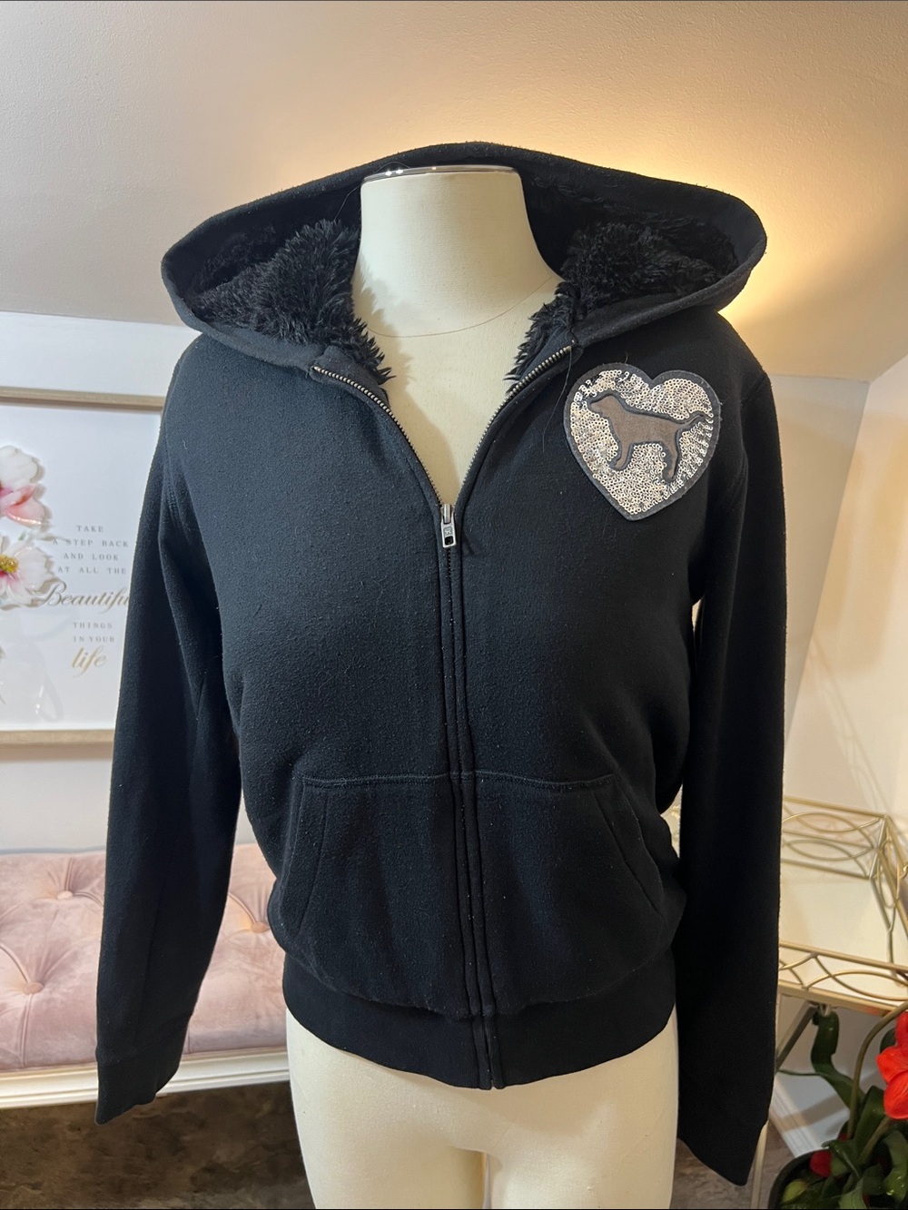 Vtg VS PINK Black Sequin Full Zip Hoodie Sherpa Lined Hood Love Pink Y2K Size L